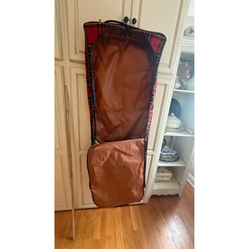 Vintage Hanging Garment Bag Red Tartan Plaid Travel Suit Carrier Luggage